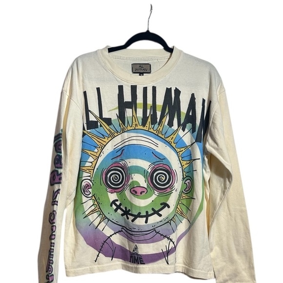 All Humans Other - Cream Long Sleeve Sweater with Artistic Monster Designs